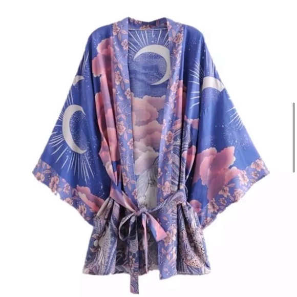 New Bohemian Moon & Stars Mixed Floral Print Kimono Cardigan Jacket Robe - Picture 10 of 17